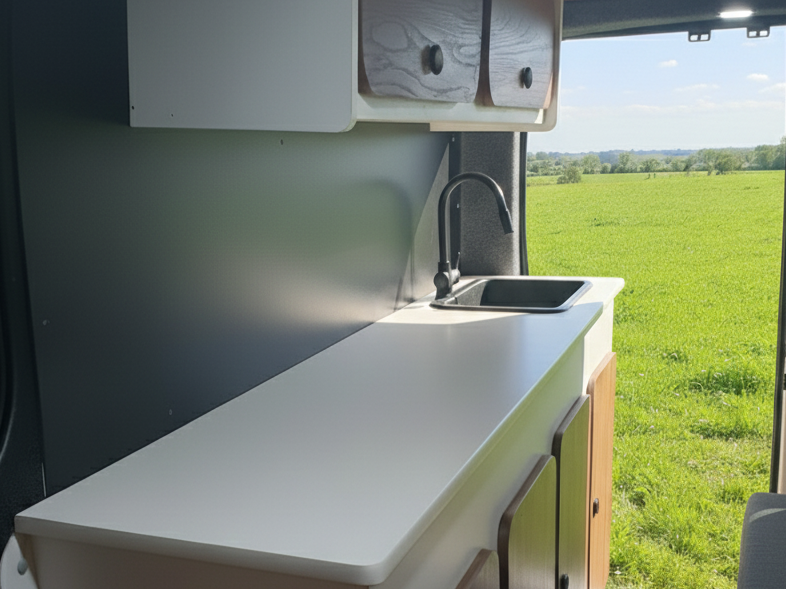 Kitchenette moderne de van aménagé avec plan de travail blanc et vue sur la nature.