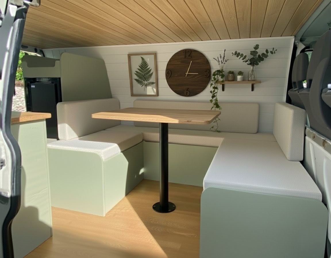 Intérieur de van aménagé moderne avec salon en U vert sauge et bois clair.